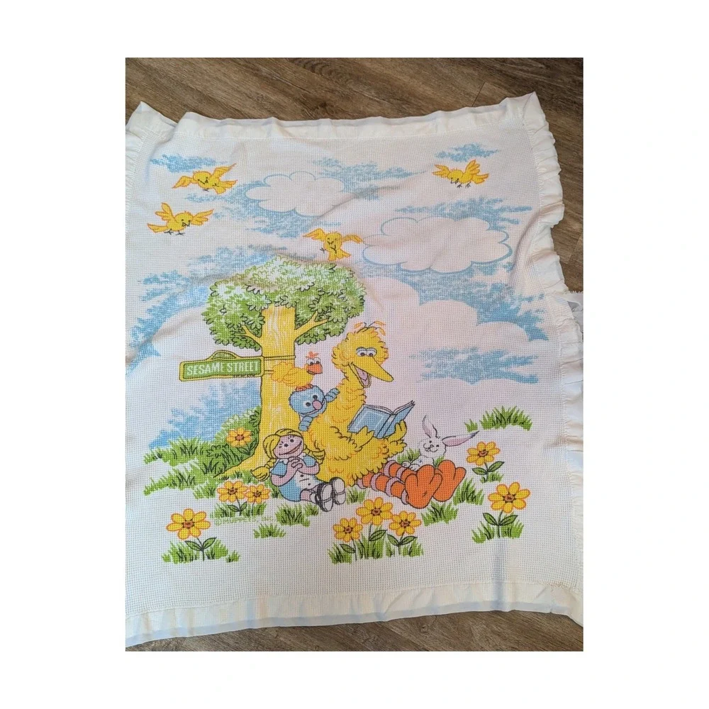 Sesame Street Thermal Baby Blanket Vintage Big Bird Waffle Weave FLAW